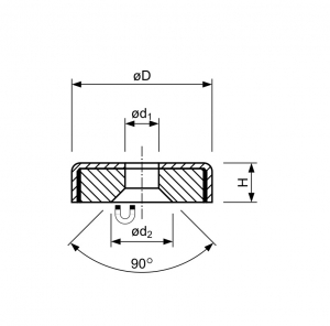 Technische tekening Alnico platte busmagneet met doorlopend verzonken gat rood gelakt MP.20.01