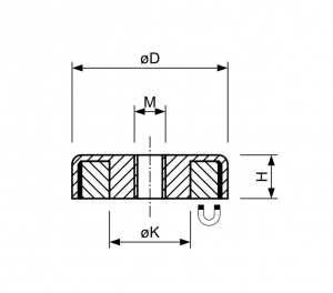 Technische tekening Ferriet potmagneet vlak doorlopend draadgat verzinkt F40D-vM4