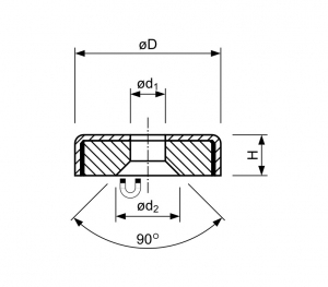 Technische tekening Ferriet potmagneet vlak doorlopend verzonken gat verzinkt F32C-v