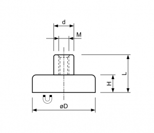 Technische tekening Ferriet potmagneet RVS draadbus F25A-M5-RVS