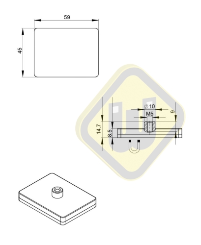 Neodymium magneetsysteem rubber rechthoek draadbus A59x45A-Ks2xM5