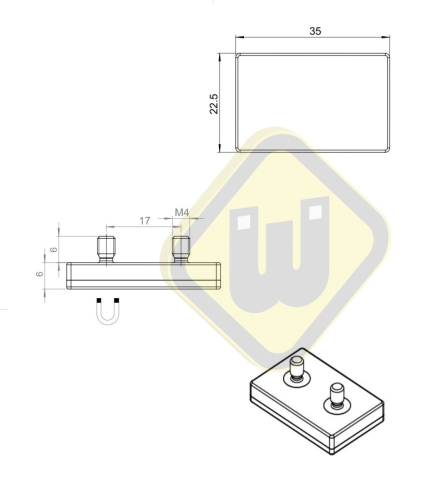 Neodymium magneetsysteem rubber rechthoek draadstift A35x22AG-Ks2xM4