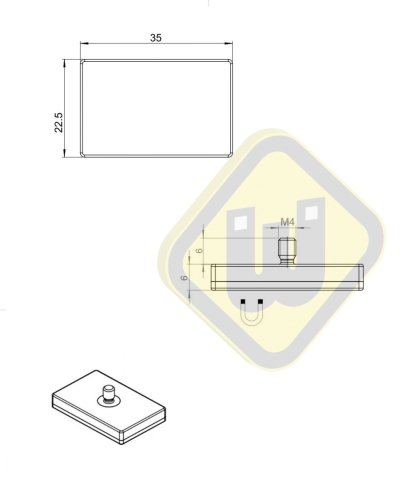 Neodymium magneetsysteem rubber rechthoek draadstift A35x22AG-KsM4