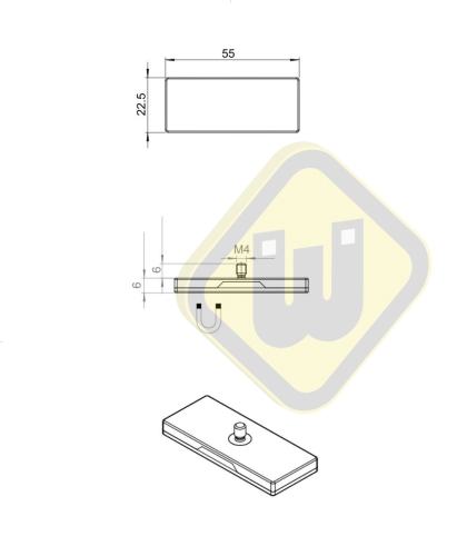 Neodymium magneetsysteem rubber rechthoek draadstift A55x22AG-KwM4