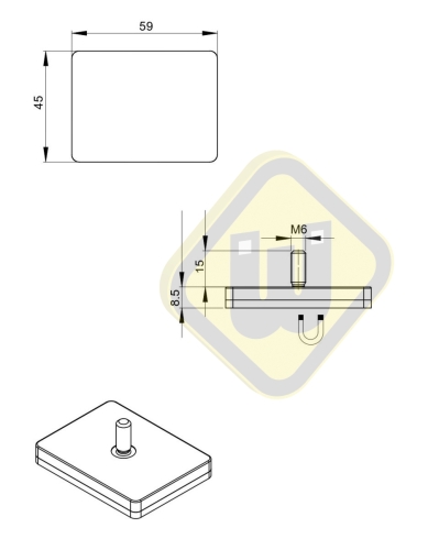 Neodymium magneetsysteem rubber rechthoek draadstift A59x45AG-KsM6