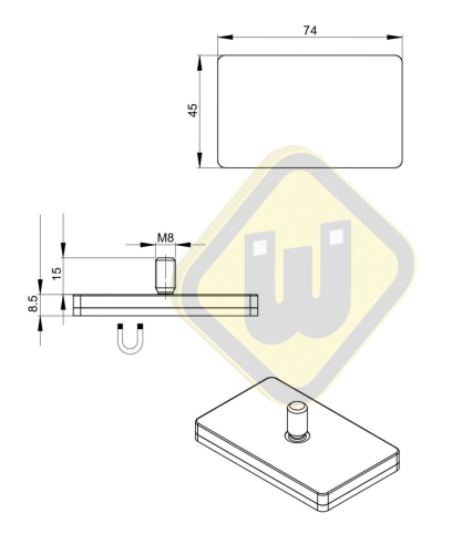 Neodymium magneetsysteem rubber rechthoek draadstift A74x45AG-KwM8