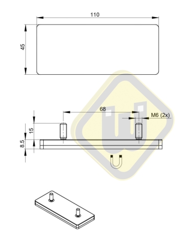 Neodymium magneetsysteem rubber rechthoek draadstiften A110x45AG-Ks2xM6