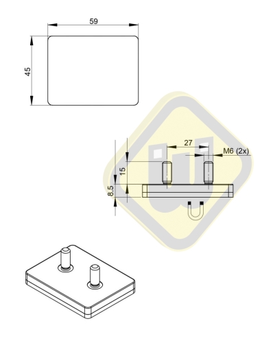 Neodymium magneetsysteem rubber rechthoek draadstiften A59x45AG-Kw2xM6