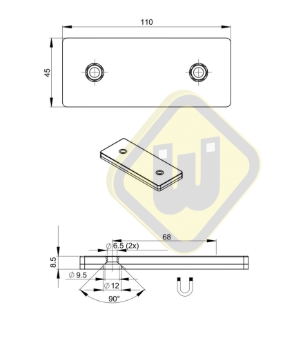 Neodymium magneetsysteem rubber rechthoek verzonken gat A110x45C-Ks2x