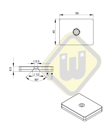 Neodymium magneetsysteem rubber rechthoek verzonken gat A59x45C-Kw