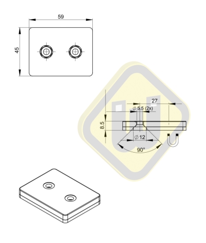 Neodymium magneetsysteem rubber rechthoek verzonken gat A59x45C-Kw2x