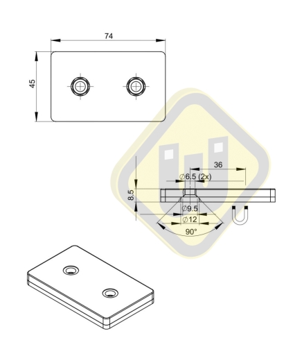 Neodymium magneetsysteem rubber rechthoek verzonken gat A74x45C-Ks2x