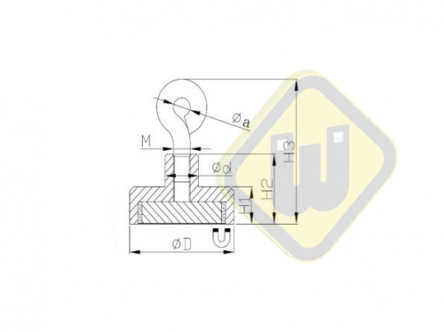 Neodymium potmagneet draadbus met oog. vernikkeld W20NDO-Ni