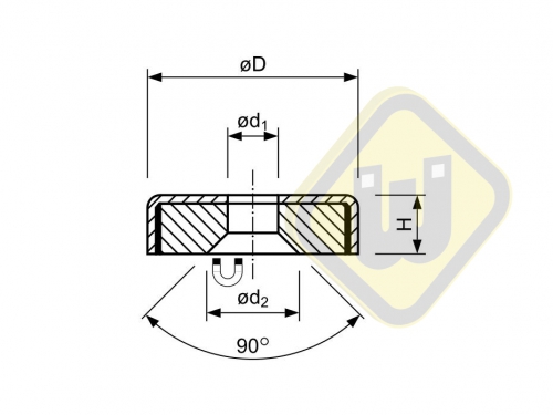 Neodymium potmagneet vlak doorlopend verzonken gat vernikkeld W13NDC-Ni
