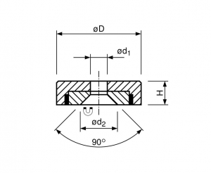 Technische tekening Neodymium potmagneet vlak doorlopend verzonken gat verzinkt F13NDC-v