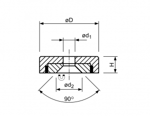 Technische tekening Samarium Kobalt potmagneet vlak doorlopend verzonken gat verzinkt F25SCC-v