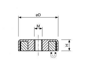 Technische tekening Neodymium potmagneet met doorlopend draadgat vernikkeld W40NDD-NiM6