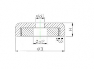 Technische tekening Neodymium Potmagneet vlak met doorlopend potgat. vernikkeld. W42NDP-Ni