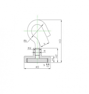 Technische tekening Neodymium potmagneet draadbus met haak M3. vernikkeld W13NDH-Ni