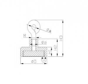 Technische tekening Neodymium potmagneet draadbus met oog. vernikkeld W20NDO-Ni